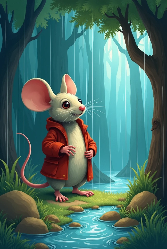 Illustration for a story about: 
One day, A big storm came to the forest. The rain fell without stopping, and soon the river overflowed, flooding many houses, including Rato&#39;s. The little mouse found himself in a difficult situation because his house was full of water and he didn&#39;t have enough cheese to eat while he waited for the storm to pass..