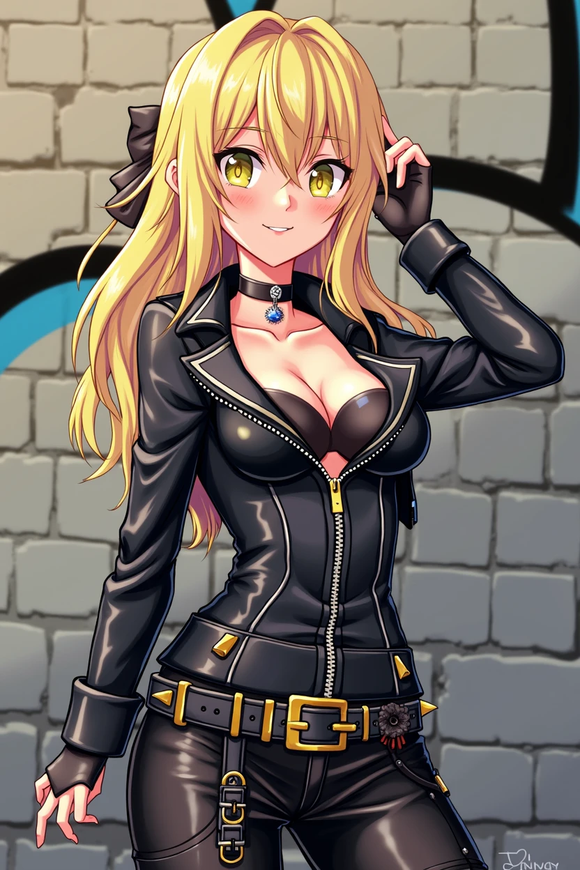 leather jacket, leather pants, strapless bra, black jacket, tight pants, black choker, zipper, fingerless gloves, biker clothes, spikes, unzipped, multiple belts, shiny clothes, high collar, CONCEPT_graffiti_wall_ownwaifu, (graffiti:1.2), brick wall,((masterpiece,best quality)), absurdres, Kirisame_Marisa_Touhou,   1girl, blonde hair, kirisame marisa, solo, long hair, braid, bow, yellow eyes, single braid, hair bow, solo, smiling, looking at viewer, cowboy shot,