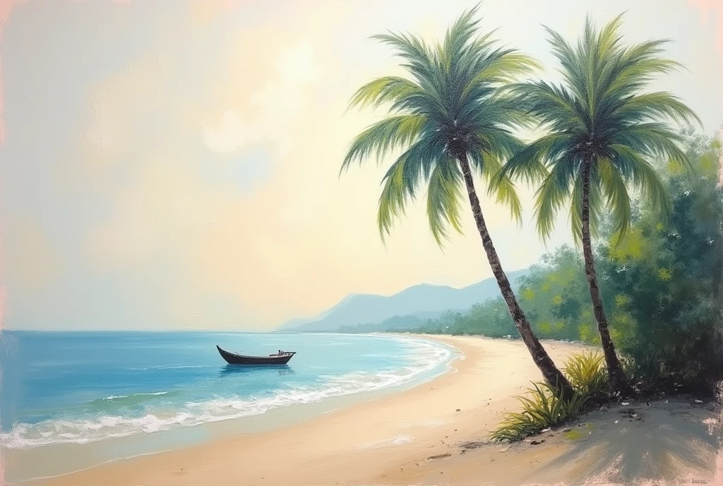 arafed view of a beach with palm trees and a boat in the water, Create a plain canvas, evocative background using the expressive and textured brushstrokes abstract Use a muted color palette with subtle variations in tone to create depth and visual interest. Focus on the tactile quality of the oil paint, incorporating gentle gradients and soft transitions between colors. Allow the brushstrokes to remain visible, adding a sense of raw emotion and intimacy to the background. seaside