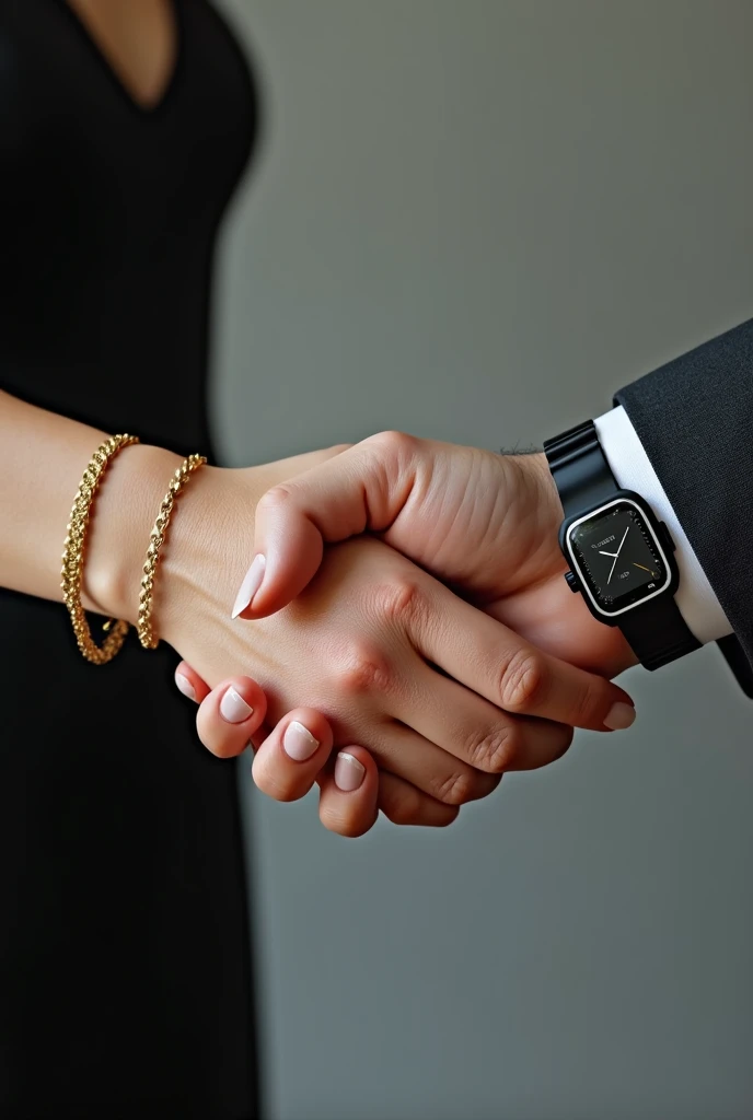 Two hands shaking each other, a female hand with a gold bracelet and long nails, and the other veiny male hand with back watch, realist
