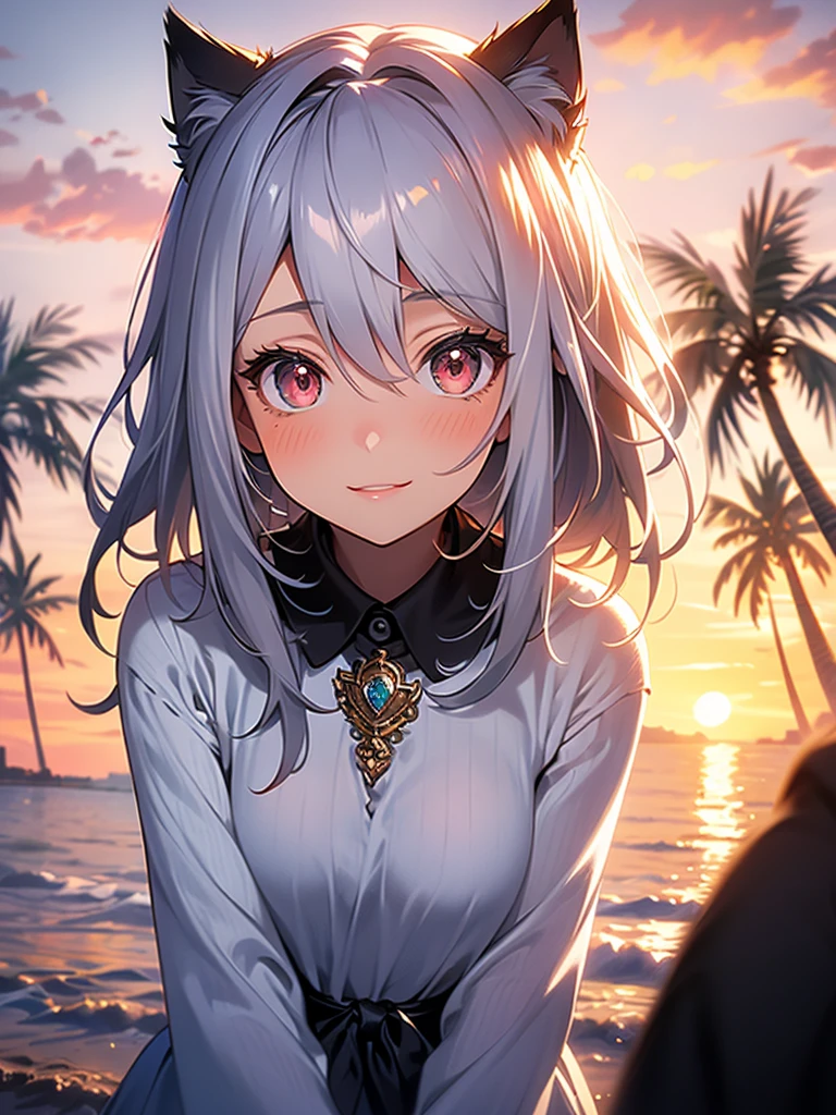 a highly detailed portrait of a pretty girl with medium breasts, a beautiful silver hair, pink eyes, and cat ears, smiling against a sunset beach landscape with an orange, pink, and yellow sky, palm trees swaying, seagulls flying, and a crystal clear sea gently kissing the white sand shore, creating a dynamic and breathtaking yet peaceful atmosphere,beautiful detailed eyes,beautiful detailed lips,extremely detailed eyes and face,longeyelashes,1girl,oil painting,illustration,photography,intricate details,vibrant colors,warm lighting,cinematic,dramatic,serene,calming