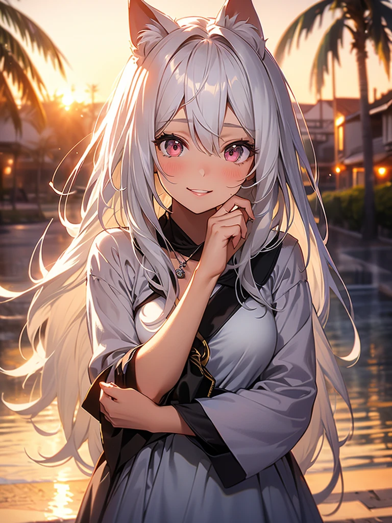 a highly detailed portrait of a pretty girl with medium breasts, a beautiful silver hair, pink eyes, and cat ears, smiling against a sunset beach landscape with an orange, pink, and yellow sky, palm trees swaying, seagulls flying, and a crystal clear sea gently kissing the white sand shore, creating a dynamic and breathtaking yet peaceful atmosphere,beautiful detailed eyes,beautiful detailed lips,extremely detailed eyes and face,longeyelashes,1girl,oil painting,illustration,photography,intricate details,vibrant colors,warm lighting,cinematic,dramatic,serene,calming