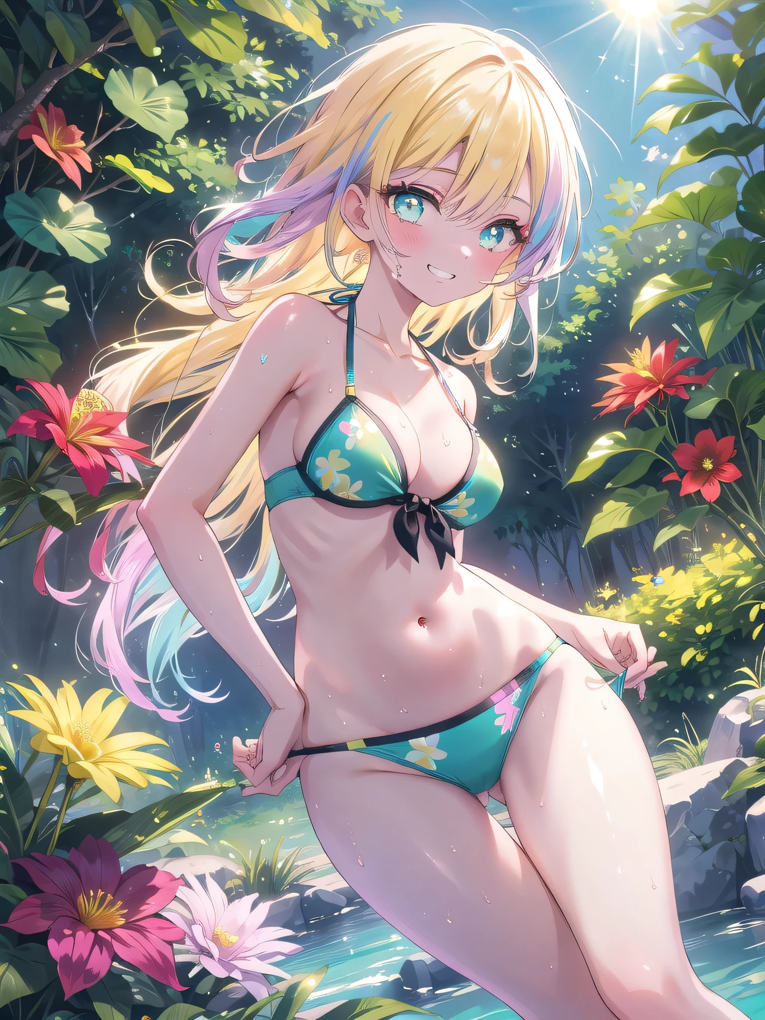((8k, Highest quality, masterpiece: 1.3)),Ultra-high resolution,(1 girl, alone), (Color changing eyes, Ultra-detailed, Expressive brilliance, Glitter, Glowing Eyes), Highly detailed eyes, Highly detailed face, Random Hair, ((pastel colour)),A vibrant young woman with long, straight pastel yellow hair that falls over her shoulders like rays of sunshine. She is standing in a tropical garden, surrounded by lush greenery and colorful flowers. She wears a bright turquoise bikini with a sporty racerback top and matching cheeky-cut bottoms, perfect for an active day in the sun. The camera angle is close-up, capturing her from the front as she leans slightly forward, her hands resting on her hips, and a playful grin on her face. The midday sun filters through the leaves, casting dappled shadows on her skin, and the vibrant colors of the flowers contrast beautifully with her pastel hair,(nsfw:1.1)