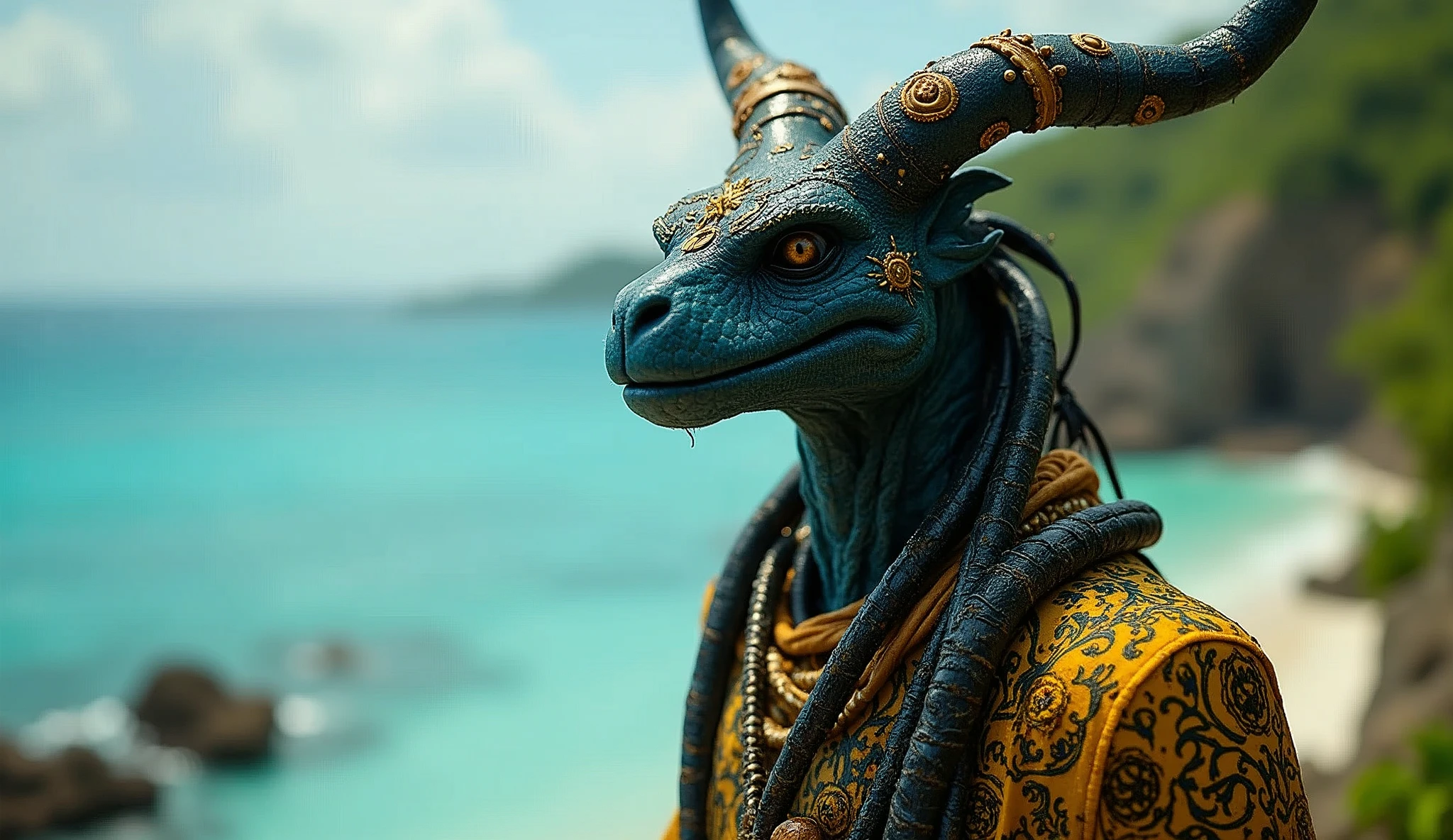 Bahamas as a caribbean League of Legend creature in azure, black and gold yellow colors. Intricated clothing. Cinematic Fantasy sci-fi landscape background