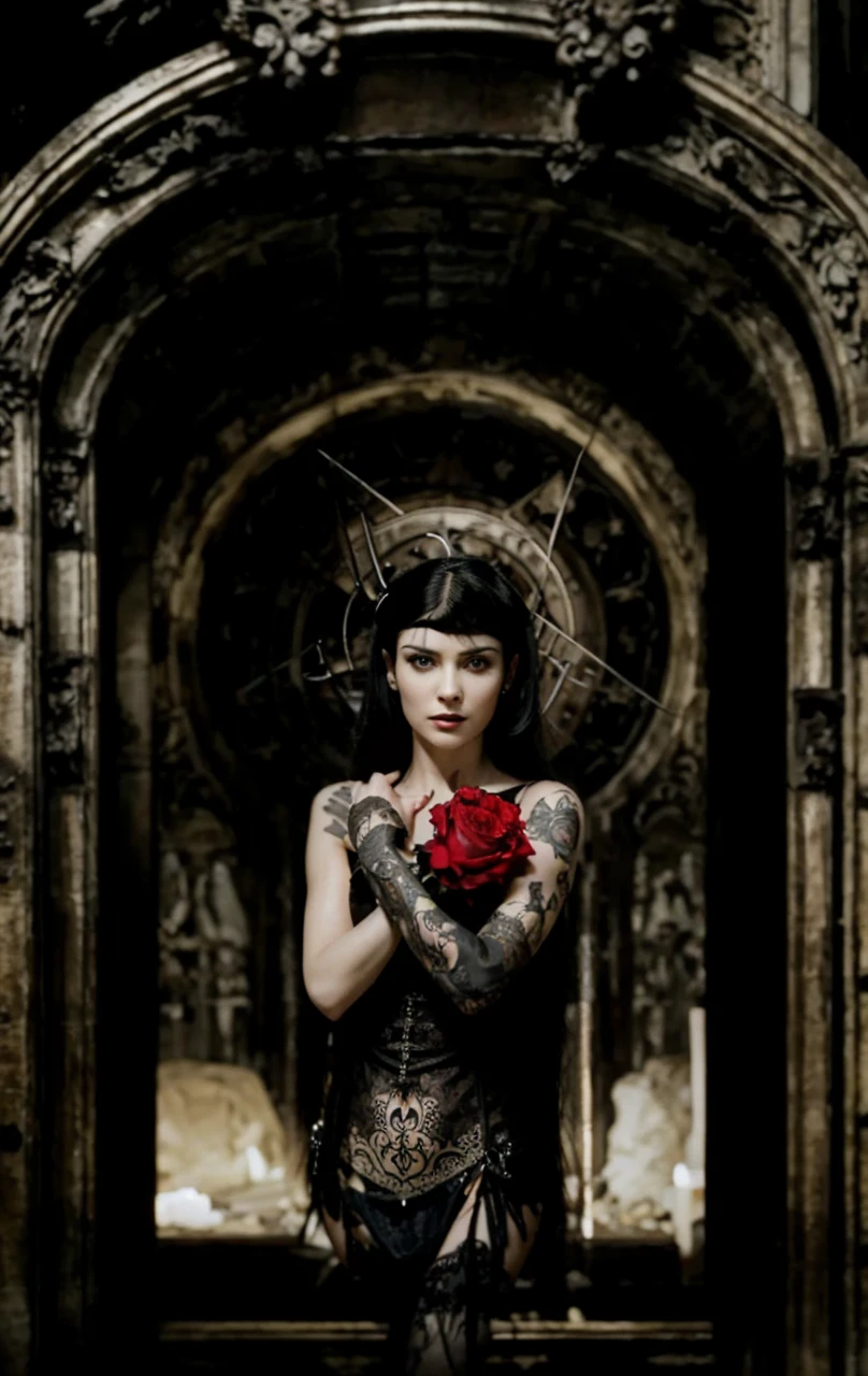 beautiful seductive woman, dark shaped eyes, breasts big, 8k, Maximum quality, (very detailed head: 1.0), (very highly detailed face: 1.0), (very detailed hair: 1.0), long straight black hair, vampires, dark, sexly, bloodstains, tatoo, realisitic, hellish mascara, The Queen of the Damned, condessa bathory, Elvira the queen of darkness, vampirela, xena