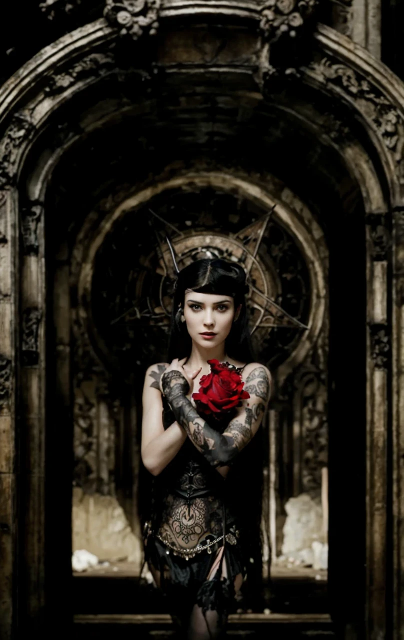 beautiful seductive woman, dark shaped eyes, breasts big, 8k, Maximum quality, (very detailed head: 1.0), (very highly detailed face: 1.0), (very detailed hair: 1.0), long straight black hair, vampires, dark, sexly, bloodstains, tatoo, realisitic, hellish mascara, The Queen of the Damned, condessa bathory, Elvira the queen of darkness, vampirela, xena
