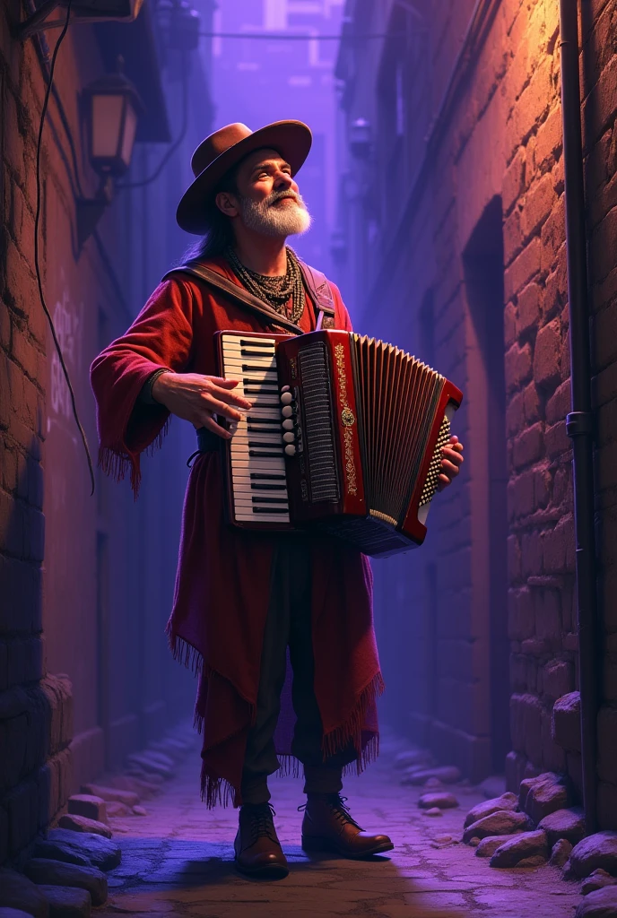 A bard playing the accordion in a dark alley, purple lighting