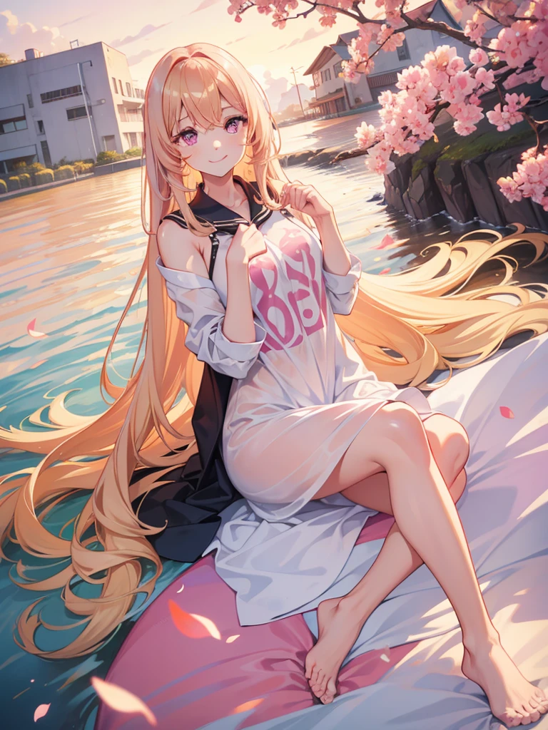 One adult woman, pink eyes, long blonde hair, smile, morning