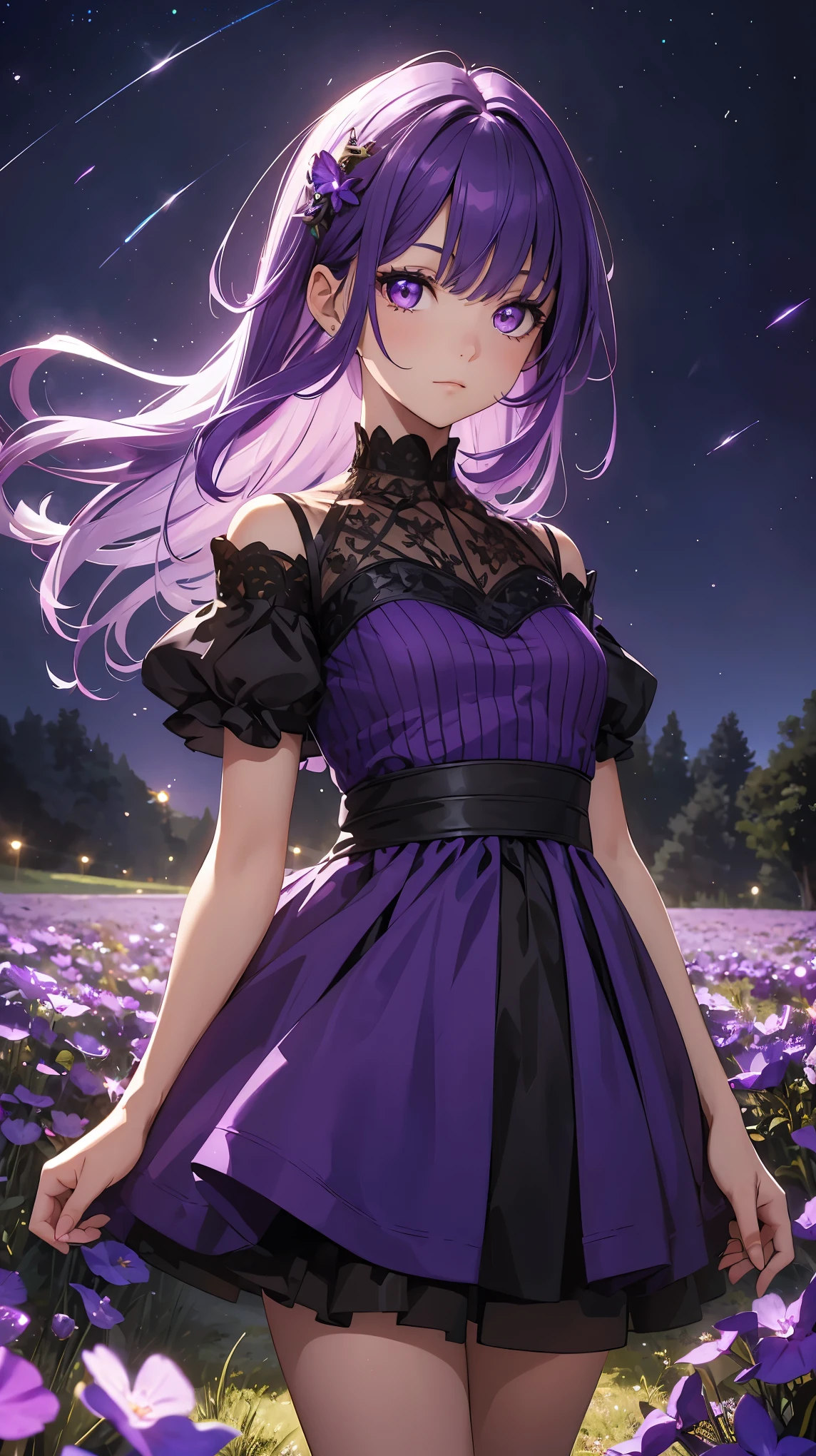 Girl1,bright purple eyes,purple hair,hair above shoulder,short purple dress with embellishment,shiny and glowing dress,standing in a field of bright violets in the dark,fireflies,soft light,dramatic scene,night,best quality,high detail,very detailed,high quality background