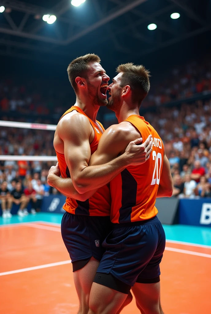 Male volleyball player celebrating his male teammate