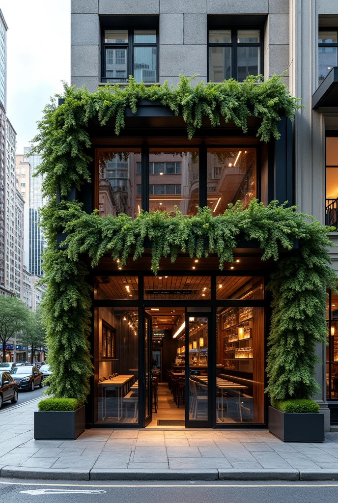 Modern bar facade outside in the city with plants

