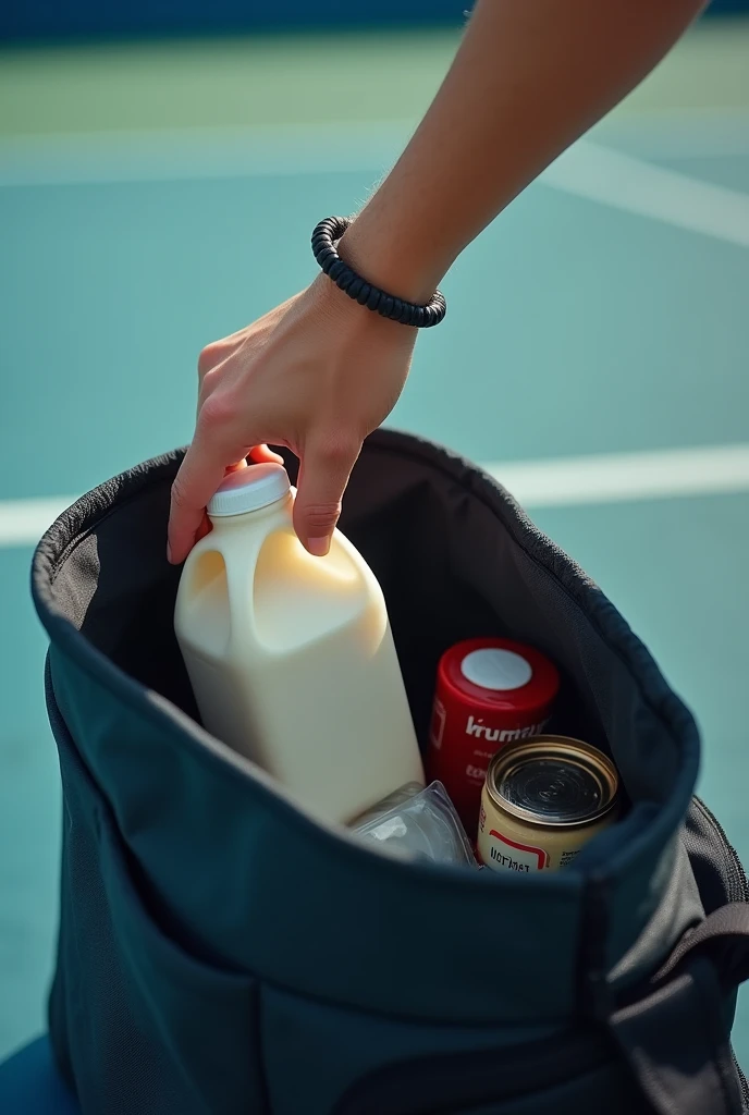 Hand with sports bracelet putting small square milk carton into open shallow sports bag,Backlight,Photography,Vertical Image,zoom in,A corner of the tennis court,There are some sundries in the backpack