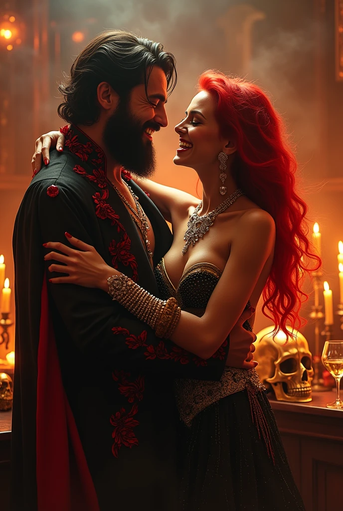 Bearded man and red-haired woman, toasting, whisky y champagne, woman sexy dress, Jewels cover their breasts, man in black cape and red details, dancing, laughing, hell, Cigarettes, golden skulls, candles, fire