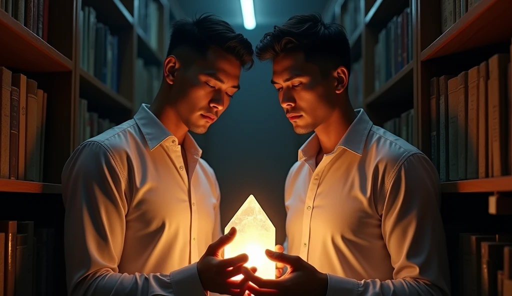 best quality, masterpiece, extremely detailed, two men, 40 year old handsome indonesian man and 30 year old handsome stocky asian man, clean shaven, (no facial hair), (smooth round face), smile, fitted clothes, glowing quartz crystal pendant, leaning against bookshelf, holding a glowing crystal together in their hands, in library, afterhours, lights off, at midnight, cinematic shadows, dreamy atmosphere, perfect face, perfect hands, perfection