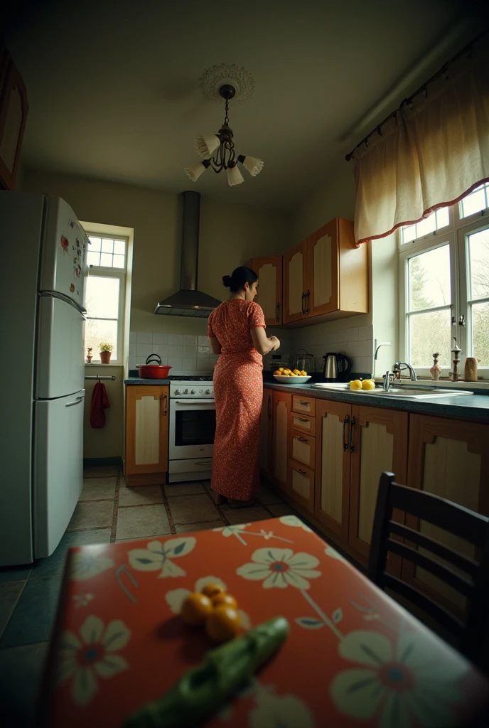 Cinematic fish-eye film still from below, a Indian woman in her kitchen, preparing dinner, looking down, wearing fifties women's attire, 42 years of age, natural Czech beauty, shown in full, head to toe. medium breasts, medium , EasyNegativeV2, ng_deepnegative_v1_75t, negative_hand, verybadimagenegative_v1.3, Leyendecker, poster, leyendecker, stunning background. dark and moody, a mesmerizing blend of light and shadow. masterpiece, absurdres, intricate details