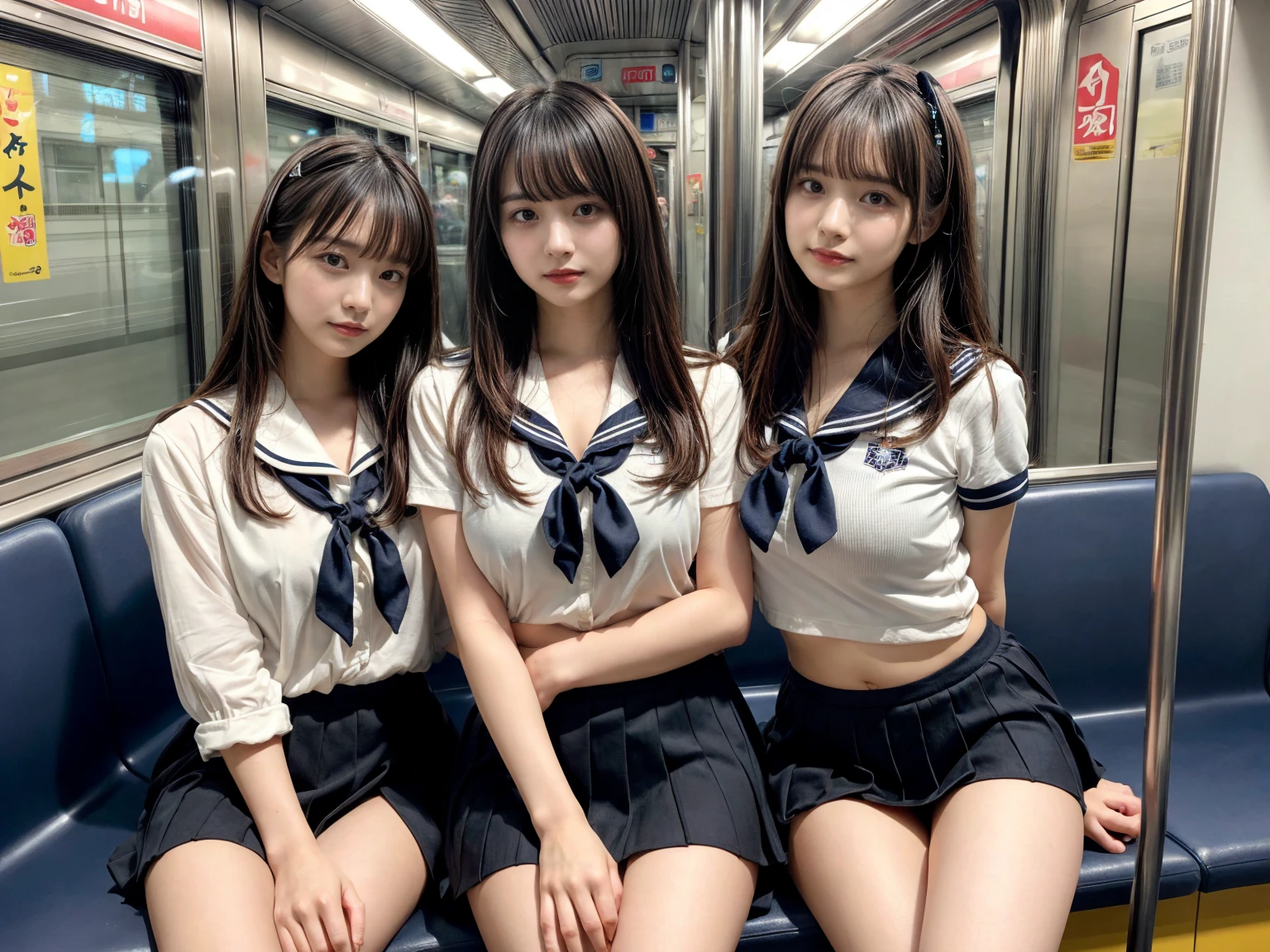 masterpiece, best quality, illustration, Super detailed, fine details, High resolution, 8K,wall paper, perfect dynamic composition,(Details High quality, realistic depiction of eyes:1.3), (3 girls), Black Sailor Uniform, serafuku, Navy pleated skirt, sitting, open legs, short bob hair, Sitting on a train in Tokyo, deep on field, large breasts, black hair color, Big Natural Color Lip, (perfect body shape), crying a little、Harajuku style、20 year old girl、cute type、beautiful legs, Gravure Idol