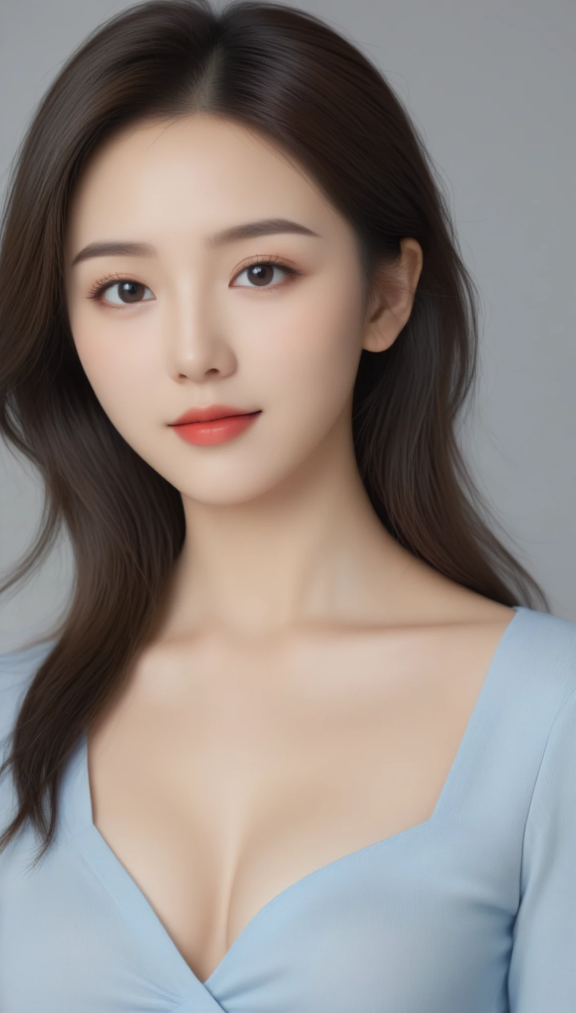 8k, Ultra-high resolution, Highest quality, masterpiece, 三分割法によるphotograph,Surreal, photograph, 1 Girl, (16 years old:1.3), pretty girl, Cute Face, 細部までBeautiful Eyes, 細かくdetailedに,masterpiece,One Girl:1.2,Japanese female announcer,close up,smile,Black Hair,Loose curly hair, (Beautiful attention to detail),Subtle details, detailedな顔, smile,Attractive girl,(女の子のポートレートphotograph:1.4),(Photorealistic images:1.4),Fantasy art,Gray background,(Beautiful Face:1.4),Beautiful and attractive eyes、Beautiful Eyes、(Tight waist:1.4)、(Beautiful girl with perfect body proportions:1.4),Red lips,Looking at the audience,(((Ideal body type))),A-cup small breasts :2,、Portraiture:2、Perfect Anatomy、鮮明なdetailed、detailed,Fashion magazine cover,Thin lips,完璧でBeautiful Face ,完璧でCute Face, Skin with attention to detail, Perfect limbs、Narrow waist,Surreal,Light and shadow,stage lights
