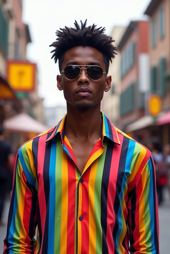 Striped shirt in green and purple colors