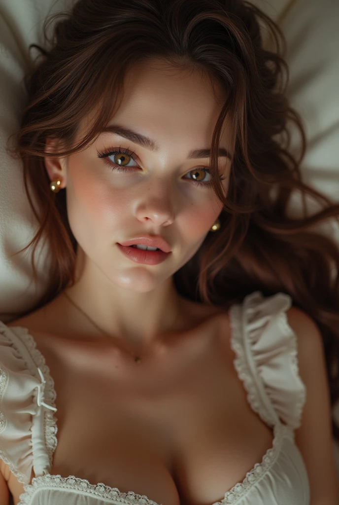 Imagine a beautiful young adult European woman with brown hair..., Beautiful and realistic face, in sexy maid outfit , with tights on the legs, big breasts, to show their feet, asleep and blushing, with a gift bow on her head, placed inside a capsule, with big earrings , realistic feet, whole body, opening your legs, Wide hips, big butt, realistic hands, Close-up of the body, head on, Ultra realistic and high quality image