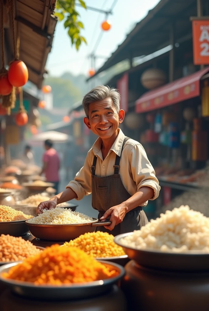 a man is at a rice stall selling rice, aesthetic, 3D