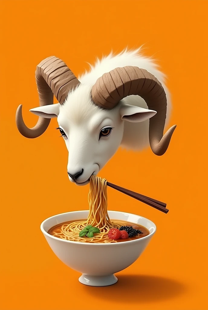 Floating head drawing of a ram without a body, slightly sideways, With horns, with eyes closed, eating ramen with chopsticks, on an orange background 