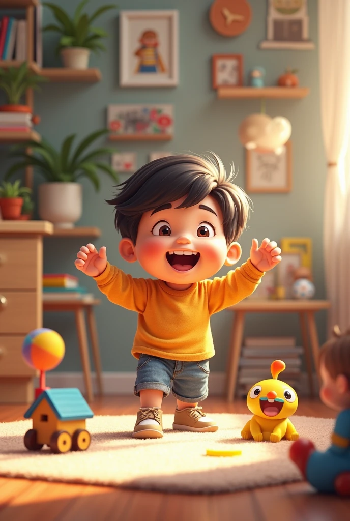 Timmy Playing in a Tidy Room: "A joyful boy playing with his toys in a clean and organized room, showing a sense of satisfaction and enjoyment."