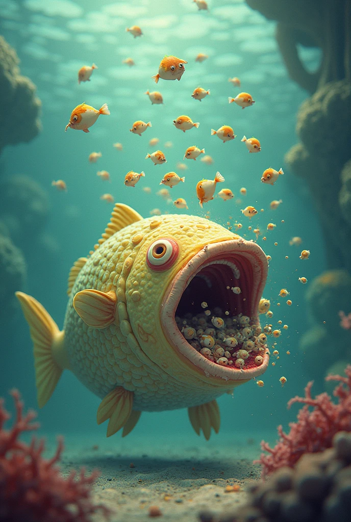 Make a puffer fish vomiting other puffer fish