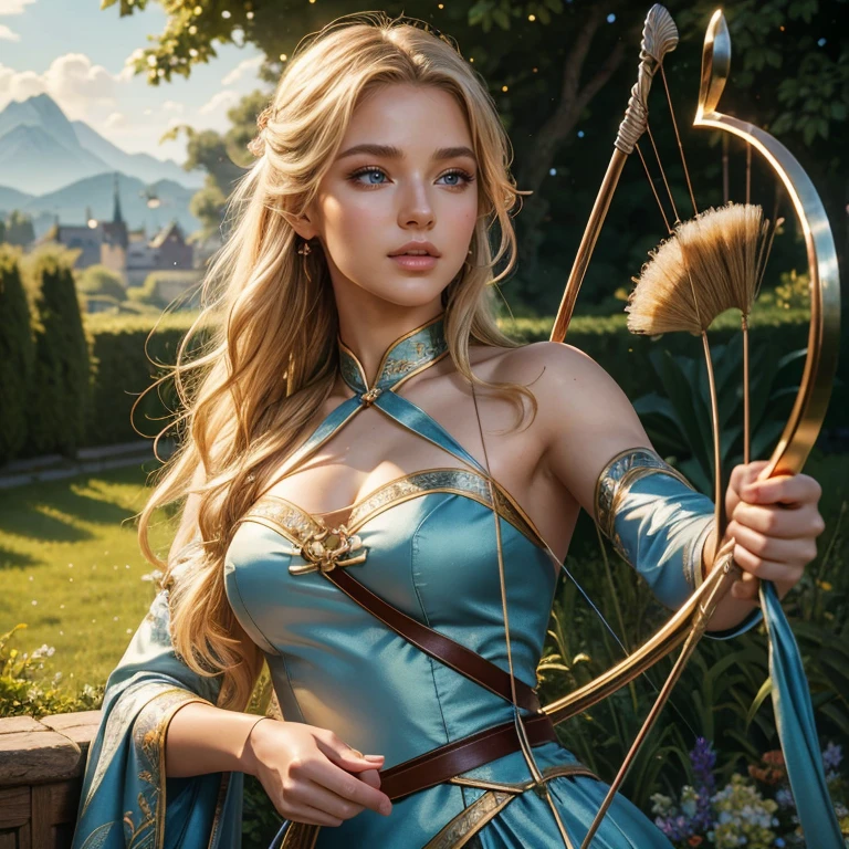 (masterpiece, best quality:1.5), highest quality, High resolution, super detailed, Realists, Upper body photo of a blonde archer, detailed and beautiful eyes, beautiful detailed lips, very detailed eyes and face, longeyelashes, Archer in shiny blue satin dress, Simple details in the fabric. Beautiful and colorful makeup, open hair, Gardens as background, bright daylight, bright colors, fine brushstrokes, Portrait style, beautiful color palette, glowing skin, First-class rendering, that captures every detail, enchanting atmosphere, (perfect anatomy:1.2), (The stunning archer holds a bow. (magnificent panorama view:1.2)