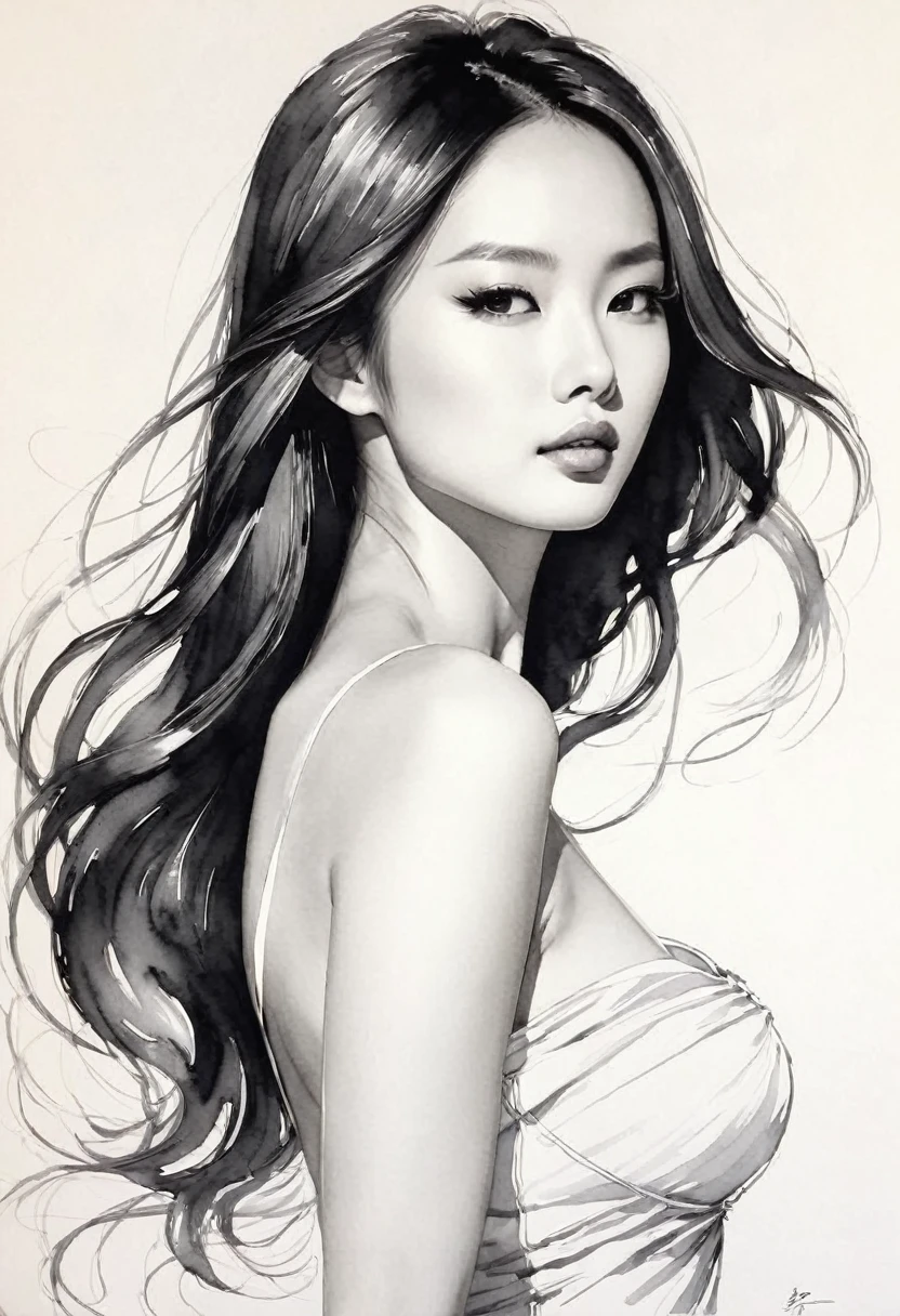 elegant maiden，black andwhite水墨画，pen drawing，soft brushstrokes，Draw delicate lines with a pen，Fluid action，Subtle ink tones，funny posture，calm look，Delicate facial features，black andwhite，to clean