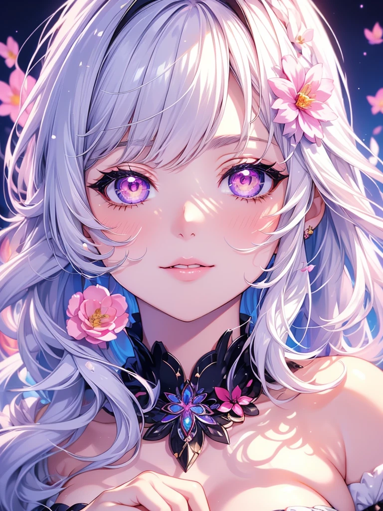 masterpiece, Cat ear,Awesome girl, Night moon Full moon, 1 female, Mature Woman, A woman with long silvery white hair, Pale pink lips, Calm, intellectual, Pink Eyes,Flower ball background, Hand Detail, Finger details, Facial details, Eye details, 