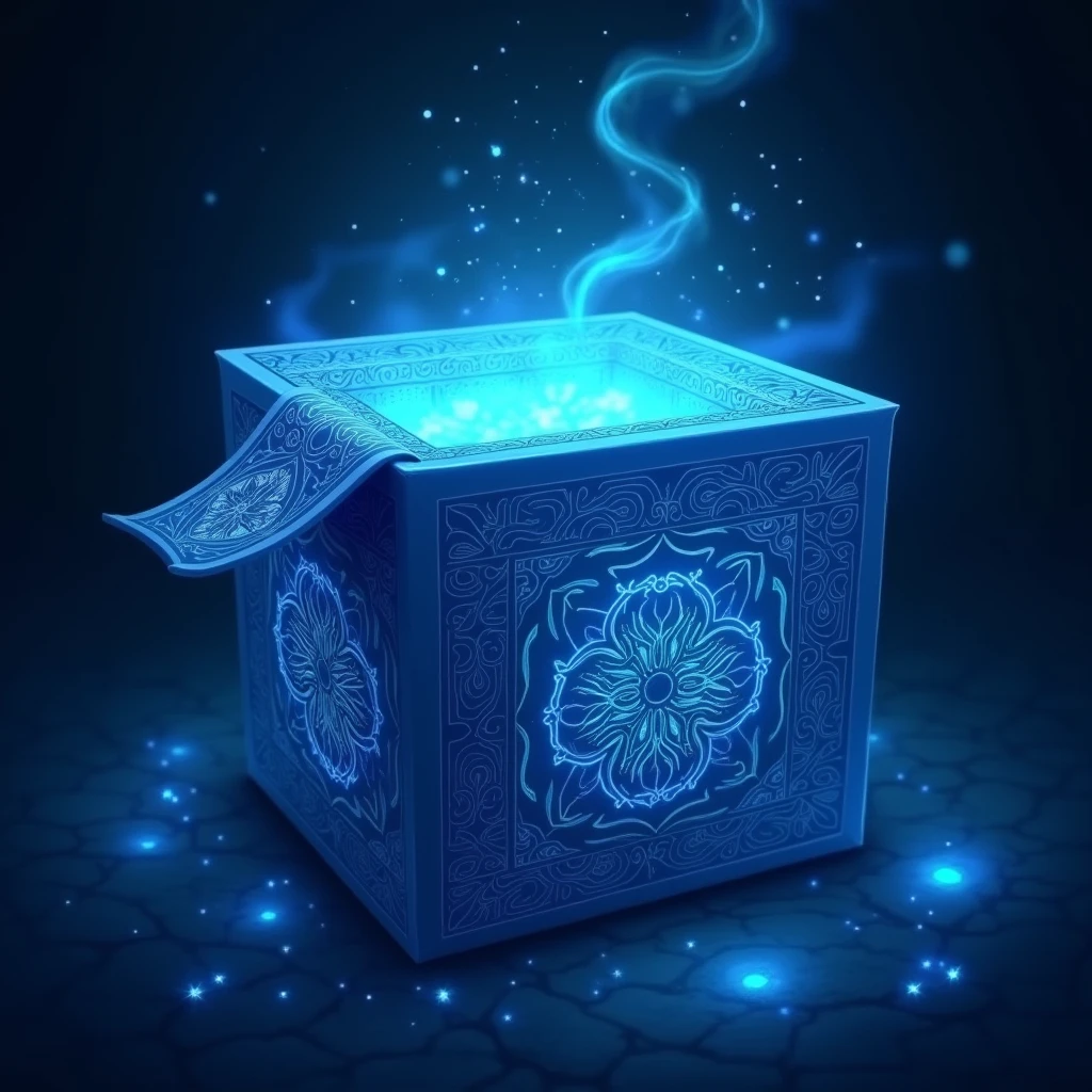 Create an image titled "Get the Mystery Gift Revealed at the End." The focus should be on a magical gift box, glowing with mysterious blue light. The box should have intricate, magical patterns etched on its surface, with blue sparkles and wisps of light swirling around it. The lid of the box is slightly ajar, with more blue light and magical effects emanating from inside, creating a sense of wonder and anticipation. The background should be dark or mystical, enhancing the glow and magic of the gift box.
