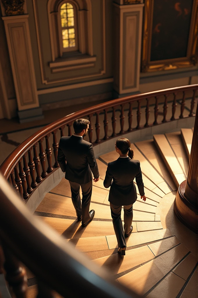 Two people walking down the spiral stairs while talking to each other formally