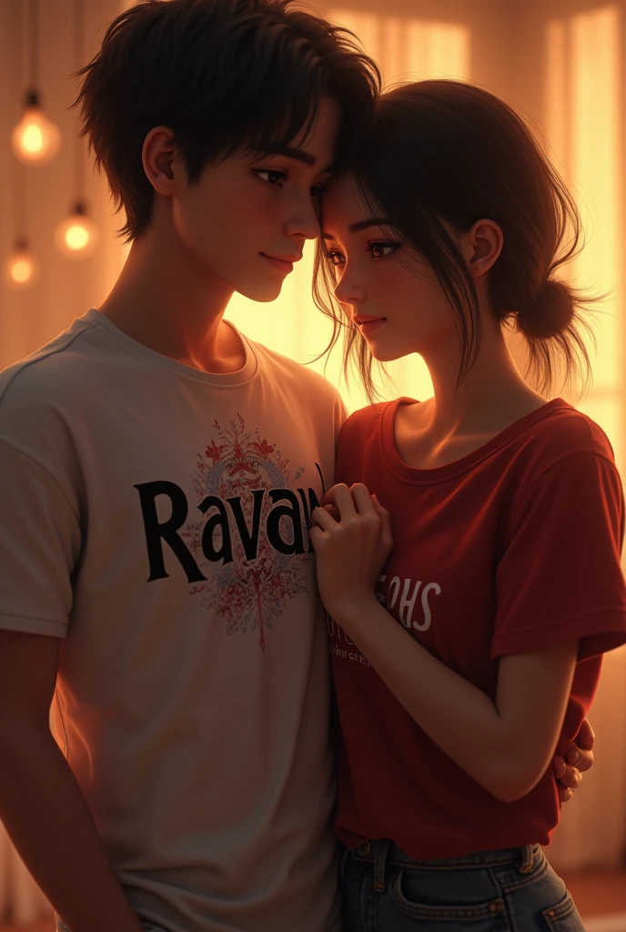 A boy with her gf . Boy t shirt name is ravan