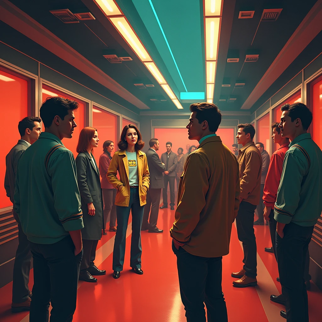 a "now" hall, with several people gathered together, retro futuristic style, cinematographic camera. 50s style sci-fi movies t-shirt printing vector, 50's old movie style image, image with dark background, highlighting the stylized image of space films from the 50s and its look