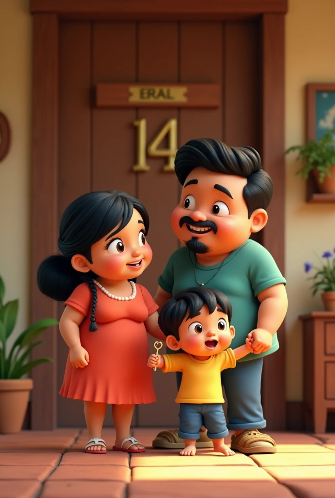 Create pixar image of happy couple with man black hair goatee, chubby Brazilian woman with black hair oriental eyes hurts children one with straight black hair bangs with indigenous features, white boy with light hair holding a key and in the background a door with the number 14 with the phrase diary of our home written on it