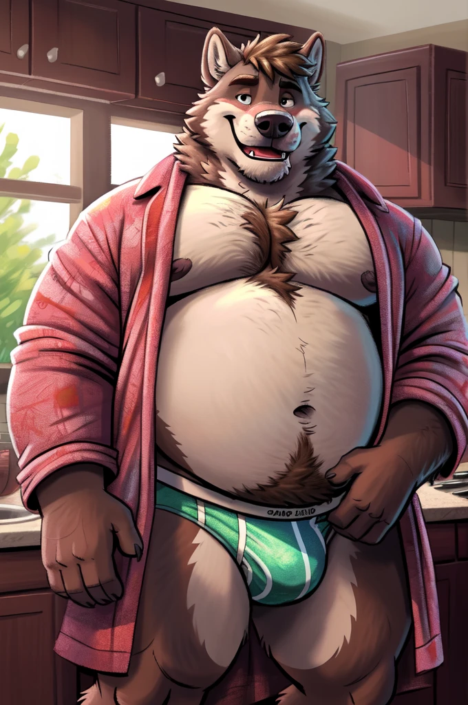 highest res, brown wolf, anthro, 4 fingers, most realistic detailed accurate blurred background, male in early 40's, musclegut, musclegut anthro, musclegut male, tail, standing in most realistic detailed accurate kitchen of most realistic detailed accurate luxury mansion, solo, by dramamine, by nanoff, by minedoo, by dream_and_nightmare, by horrorbuns, fluffiest most detailed slightly dark multi tone wolf fur, full body view, most realistic detailed wolf fur pattern, colors, and markings, most calm relaxed tough and manly masculine sleepy face, most calm casual relaxed tough and manly masculine sleepy pose, smiling, smiling at viewer, scruffy, frontal view, fully front facing view, american, average height most fat and chubby most sexy stocky muscular body, dad bod, daddy, dilf, half open mouth, most detailed medium sized dark nipples, nipple tips and areolas, open eyes, detailed dark pupils, summer, nude male, best quality, masterpiece, perked up ears, hairiest hirsute body, facing viewer, without text, indoors, closeup, most detailed huge pecs and moobs, most detailed slightly big belly, most realistic body proportions, most tough and manly masculine male, most detailed wolf teeth, bottomwear, wearing most detailed most tough and manly masculine plain underwear, belly overhang, most detailed longest fluffiest happy trail, hdr, 8k, most detailed deep navel, most detailed longest fluffiest chest and belly hair, most detailed short dark wolf hair, detailed short most tough and manly masculine most accurate hairstyle, an14, best anatomy, best ergonomics, underwear bulge, morning, wearing most detailed most tough and manly masculine open robe,