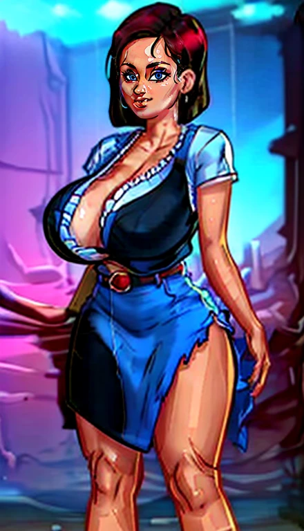 supergirl, pureerosface_v1, sticker of a girl from dc comic, full body, Kim Jung gi, , (gigantic breasts breasts 1.6),soul, digital illustration, comic style, cyberpunk, perfect anatomy, centered, approaching perfection, dynamic, highly detailed, watercolor painting, artstation, concept art, smooth, sharp focus, illustration, art by Carne Griffiths and Wadim Kashin ,, (masterpiece, best quality, ultra-detailed, best shadow),, In the style of Neon Genesis Evangelion, you find yourself standing on a desolate, post - apocalyptic wasteland, as the distant ruins of a massive city loom on the horizon. The sky is filled with ominous clouds, as a massive creature towers in the distance, huge breast, gigantic , titsnipples, curvy, thicc