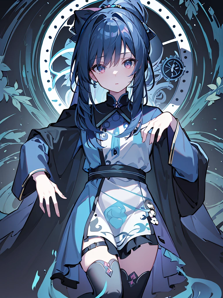 (Masterpiece:1.2),Ultra-detailed,lifelike,The eyes are expressive,Fair skin,Perfect face shape,masterpiece, absurdres, novel cover, cover illustration, 1girl, solo, dark blue-haired ponytail, mage robes, flower background, clock background, monochrome, line drawing