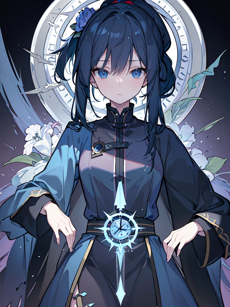 (Masterpiece:1.2)，Ultra-detailed，lifelike，The eyes are expressive，Fair skin，Perfect face shape,masterpiece, absurdres, novel cover, cover illustration, 1girl, solo, dark blue-haired ponytail, mage robes, flower background, clock background, monochrome, line drawing