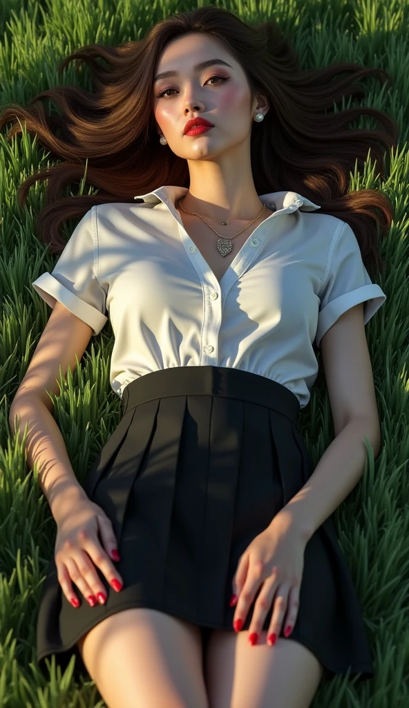 Photorealistic, high resolution, Soft light,1womanl, Solo, Hips up, view the viewer, (Detailed face), Long hair, lying on the grass ground, look from down, Show panties, See panties, secretary_uniform, Black skirt, Pantyhose, tattoo, jewelry