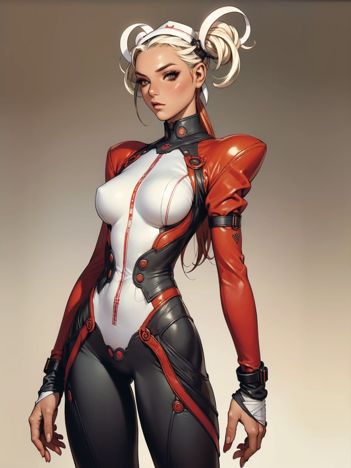 (((short arms))), ((( nurse suit ))), (((bandaged arms))), ((high collar)), (((black with red details))), (((best qualityer: 1.4))), (Unbeatable masterpiece), (hiper HD),(CG 8k hyper-realistic), (((brave face))), (((breasts big))), (((hyper feminine))), sexly girl, Tron,(black bob hair)), ((( sculptural body ))), (((1 Kizi))), Kizi cibernética de 25 anos com perfectbody,,Beautiful and well-groomed face,muscular body:1.2,solid color detailed jacket, (Head to thigh photos), Complex equipment, green dark,Long pants,Tight clothes are dark,With white stars and off-white stripes,,,,,Armor Metal Electronic Parts, Poison tattoos ) INFO, Kizi, (((standing alone))), pirralha violent, ((())), sexly, pose de atitude, work of art, post-apocalypse, (((manga style))), bounty hunter, violent, Manic, the way you want, slenderbody, thin but strong, perfectbody, roupa moderna, advanced technology, neon, sleeves with vertical striped pattern, neutral background, (( cowboy shot )). intricate visual