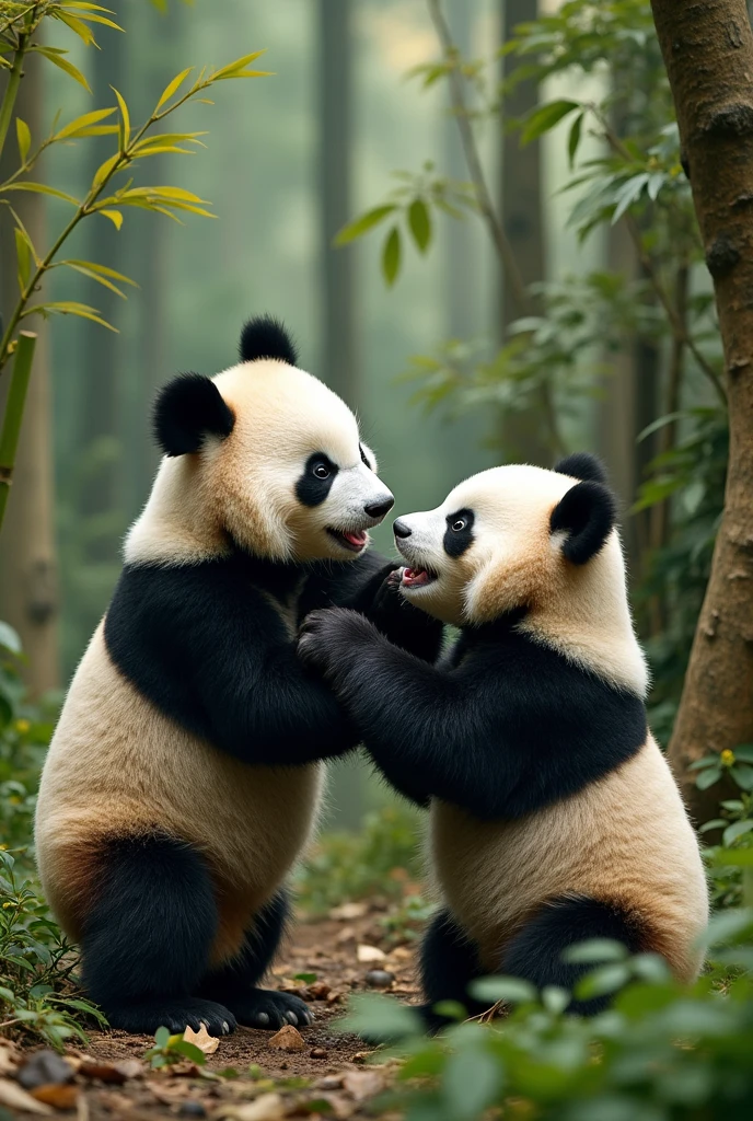 Multiple pandas fighting for bamboo