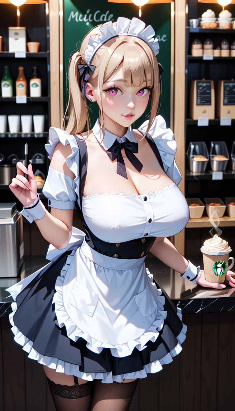 nsfw, (Ultra highest resolution), (Ultra highest quality), (Very detailed), (Very clear), (Realistic and natural light and shadow), (Very exquisite textures and colors), (Natural composition with no sense of discomfort), (Accurate and natural human anatomy), maid cafe, One pretty girl, Huge and long breasts, Smooth and fine skin, Maid's uniform with a lot of exposure, coffee shop