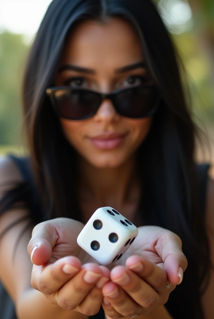 Beautiful woman with long straight black hair wearing sunglasses and holding a large dice in her hands showing it to the front
