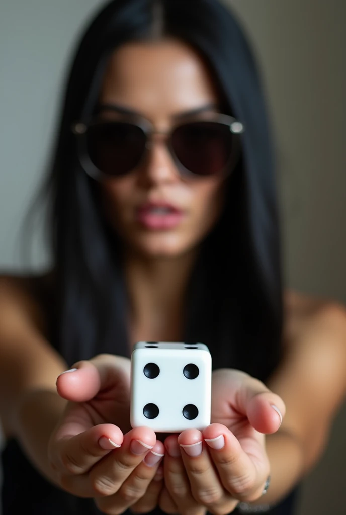 Beautiful woman with long straight black hair wearing sunglasses and holding a large dice in her hands showing it to the front 