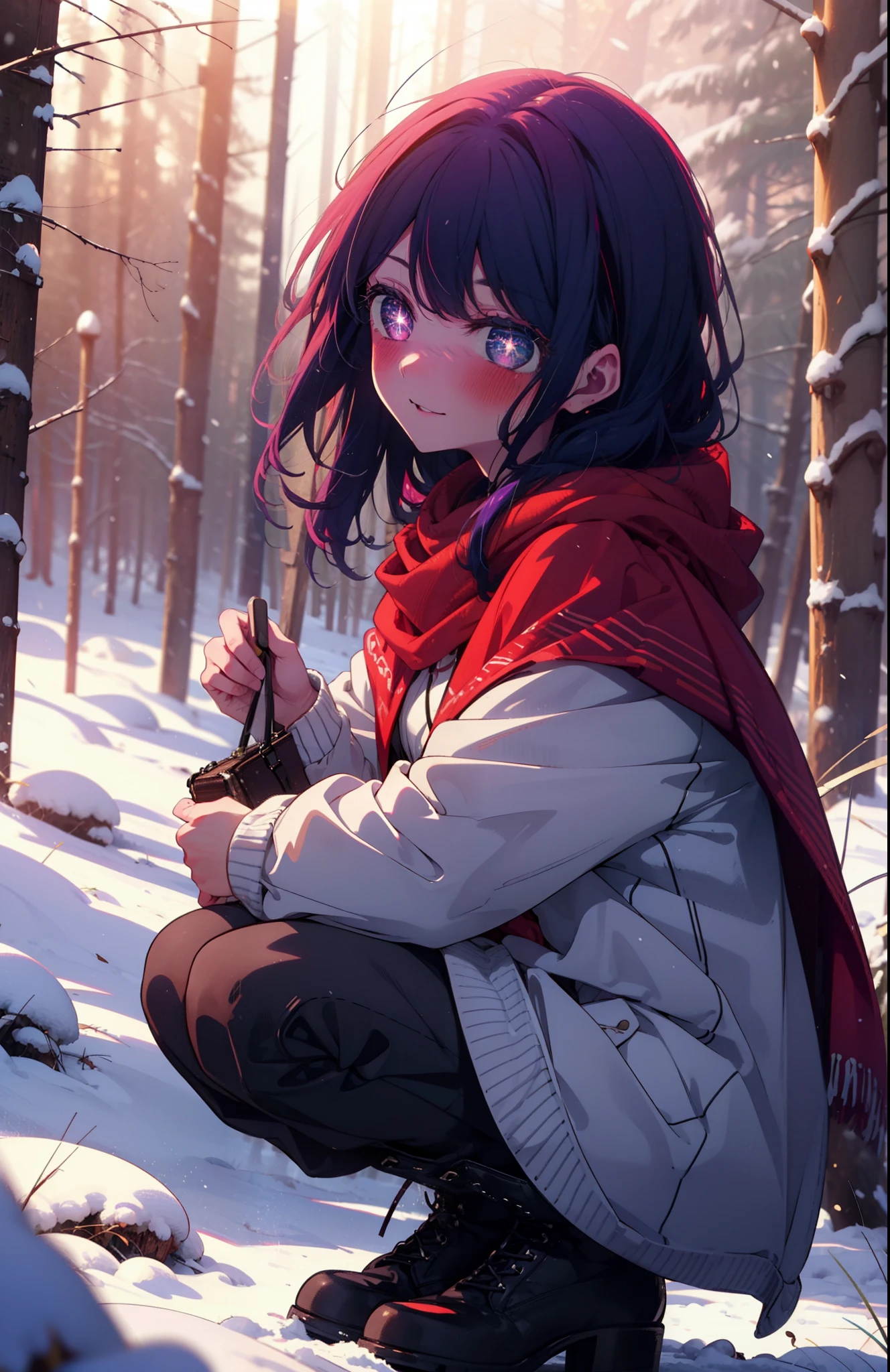 aihoshino, Ai Hoshino, Long Hair, bangs, (Purple eyes:1.1), Purple Hair, (Symbol-shaped pupil:1.5), smile,,smile,blush,white breath,
Open your mouth,snow,Ground bonfire, Outdoor, boots, snowing, From the side, wood, suitcase, Cape, Blurred, , forest, White handbag, nature,  Squat, Mouth closed, Cape, winter, Written boundary depth, Black shoes, red Cape break looking at viewer, Upper Body, whole body, break Outdoor, forest, nature, break (masterpiece:1.2), Highest quality, High resolution, unity 8k wallpaper, (shape:0.8), (Beautiful and beautiful eyes:1.6), Highly detailed face, Perfect lighting, Extremely detailed CG, (Perfect hands, Perfect Anatomy),