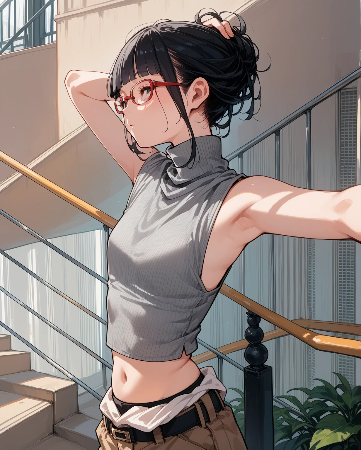 Flat Chest,Focus on your audience,Extremely thin body,Anime Style,Slender figure,delicate,Glasses,Asian woman in grey top and black pants posing on stairs, Sleeveless turtleneck, セクシーなWearing a crop top, Photo of slim girl model, Chiho, T-Top, shikamimi, Wearing a crop top, Real life anime girls, Kurohime cut hair, Shashi, 2 4-year-old female model
