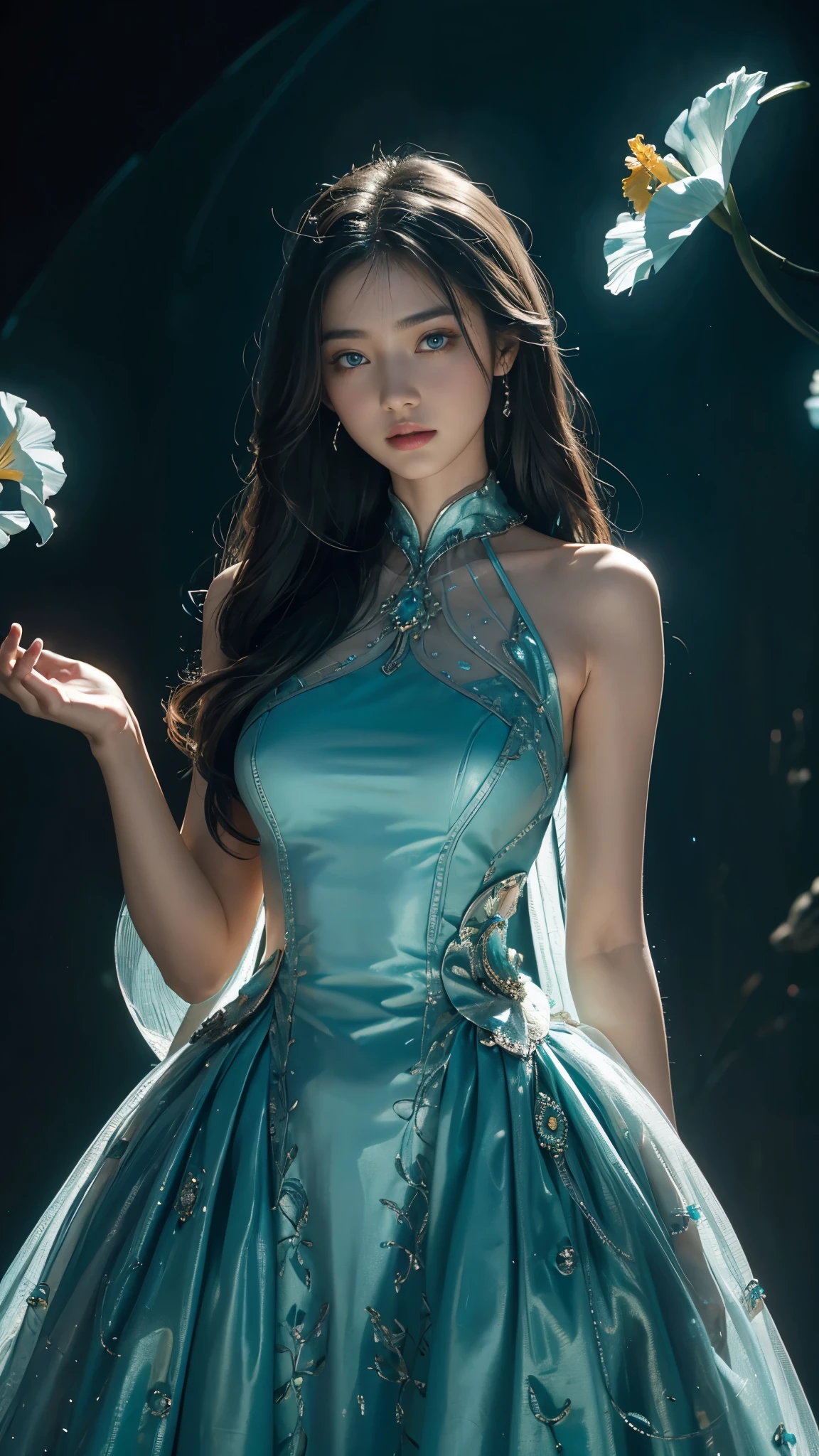 Full figure, seven -clinging shooting, 18 years old, wearing transparent science fiction dress, exquisite faces, details, hands, ultimate details, amazing magnificence, LED internal lighting, Pedaipan style, fiber hair, glowing teal iris, glowing teal iris,