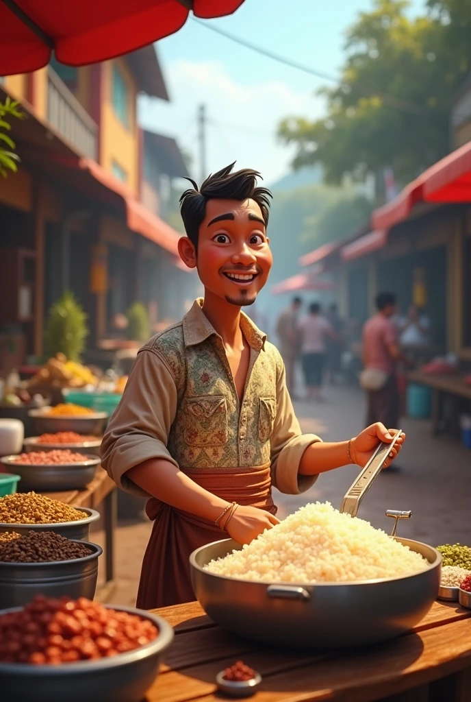a man from Indonesia is at a rice stall selling rice, aesthetic, 3D