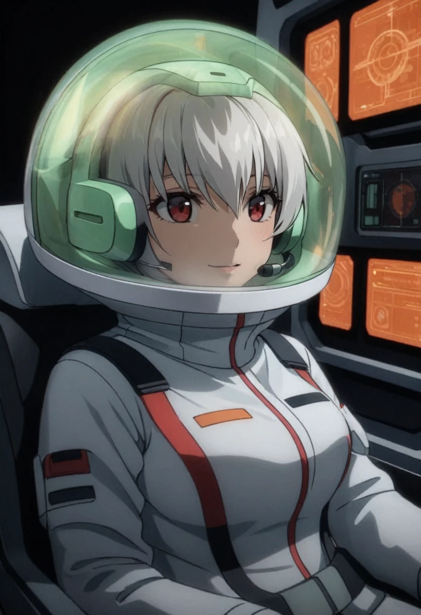 eva helm, spacesuit , astronaut), bubble helmet, space helmet, (1girl:1.1) wearing a (spacesuit:1.15), white cargo pants, (ugh, wtf do these buttons do:1.3), inside the cockpit of a (futuristic spaceship:1.1), sitting in the captains chair, (intricate control panels:1.3), (gleaming metal:1.1), surrounded by many buttons and dials and gauges, (confused:1.3), (worried expression:1.1), (nervous:1.1), concerned, beautiful 8k wallpaper, highly advanced, (sleek design:1.3), intricate, highres, superb, 8k wallpaper, extremely detailed, intricate, short hair, from side, smile, full body,headsets:1.5), from above, white hair, red eyes, bronya